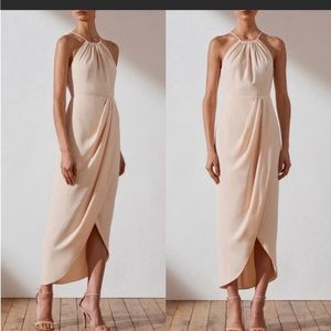 Shona Joy Draped Halter Tulip Gown in Beige High Low Dress Bridesmaid